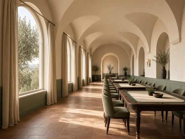 Gran sala de mesas con ventanales y luz mediterránea