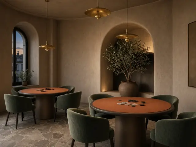Sala privada con mesa ovalada de fieltro terracota y sillas de terciopelo verde
